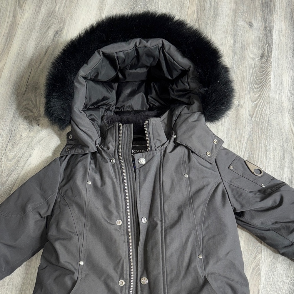 Kids Moose Knuckles Dark Gray Jacket with Black Fur Detachable Hood